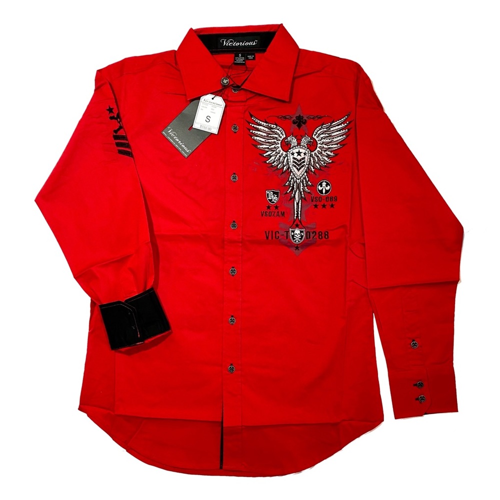 Victorious Men’s Embroidered Button Down Shirt with Rhinestones Size S Red